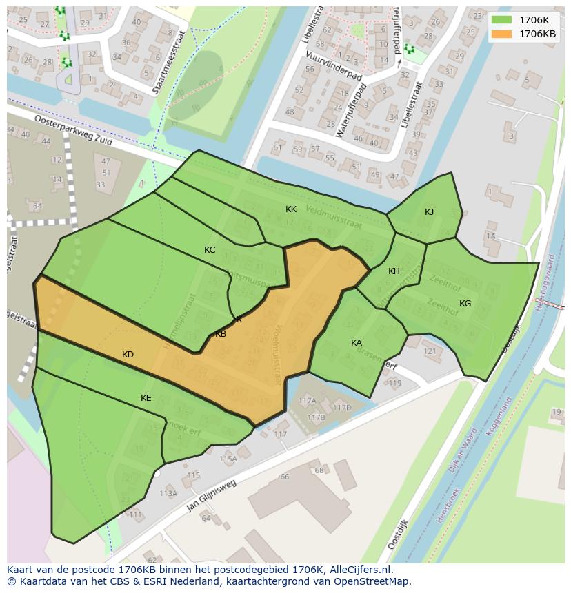 Afbeelding van het postcodegebied 1706 KB op de kaart.