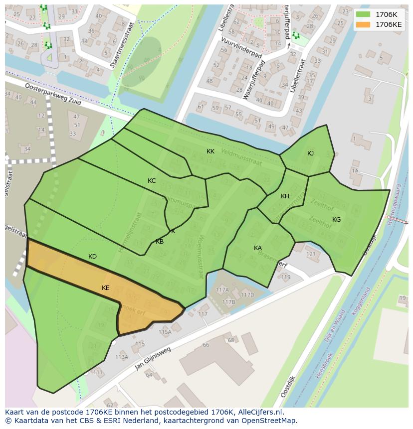 Afbeelding van het postcodegebied 1706 KE op de kaart.