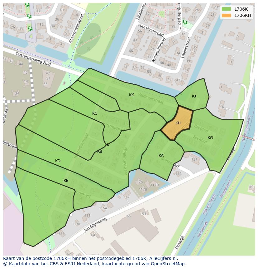 Afbeelding van het postcodegebied 1706 KH op de kaart.