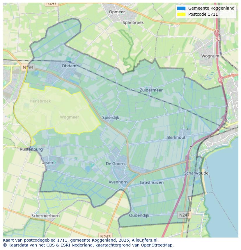 Afbeelding van het postcodegebied 1711 op de kaart.