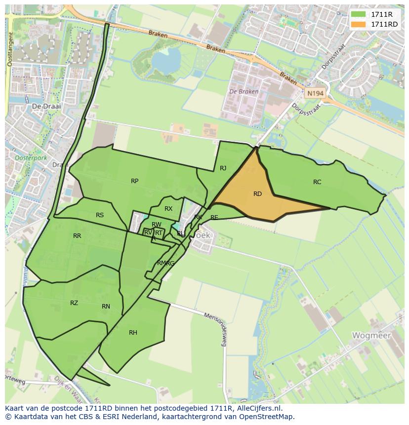 Afbeelding van het postcodegebied 1711 RD op de kaart.