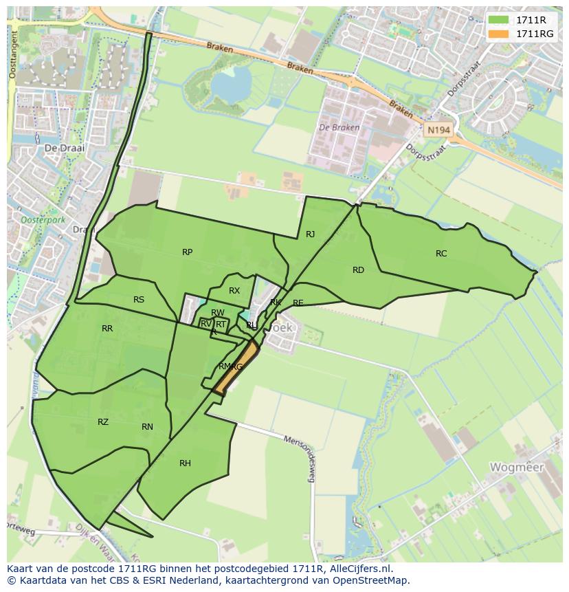 Afbeelding van het postcodegebied 1711 RG op de kaart.
