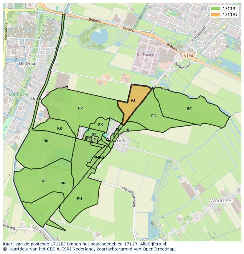 Afbeelding van het postcodegebied 1711 RJ op de kaart.