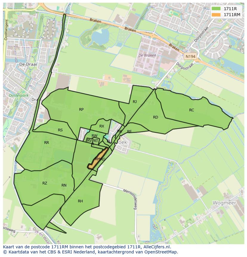 Afbeelding van het postcodegebied 1711 RM op de kaart.