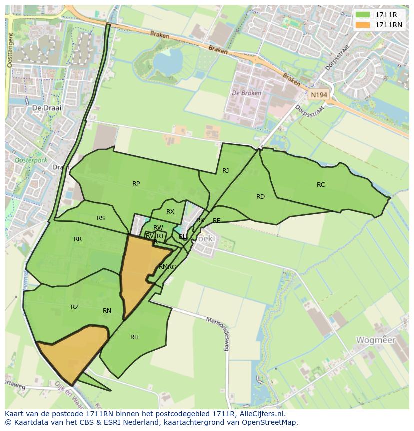 Afbeelding van het postcodegebied 1711 RN op de kaart.