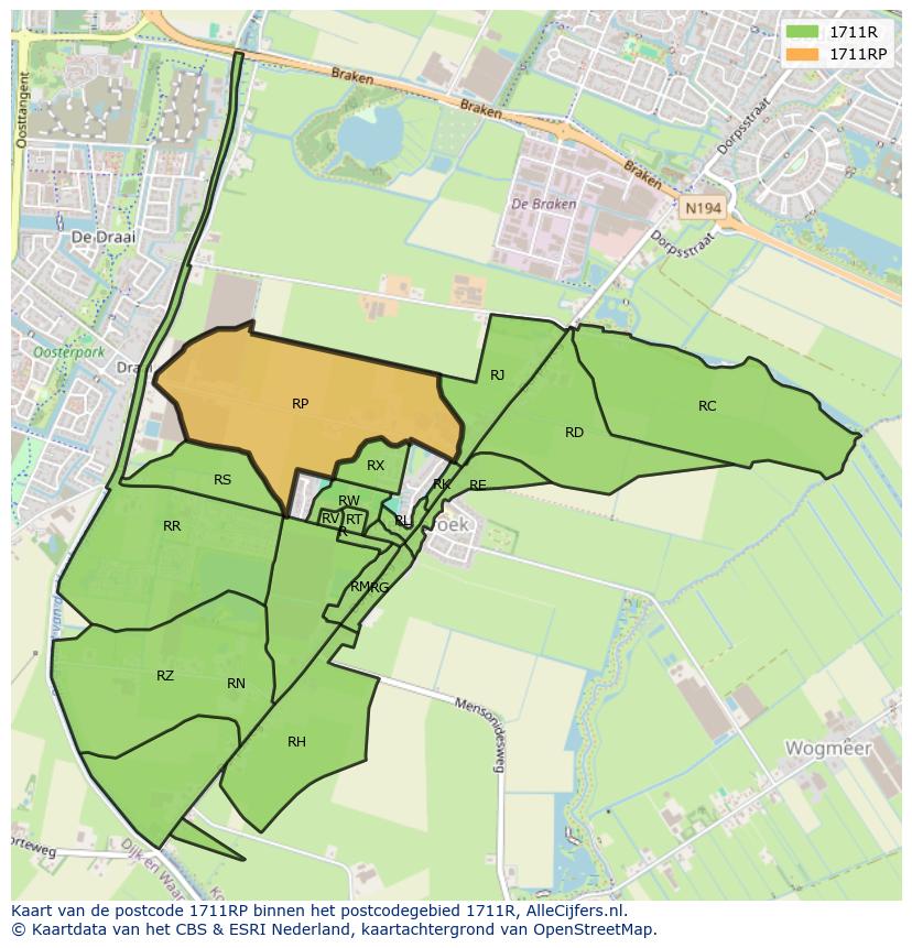 Afbeelding van het postcodegebied 1711 RP op de kaart.