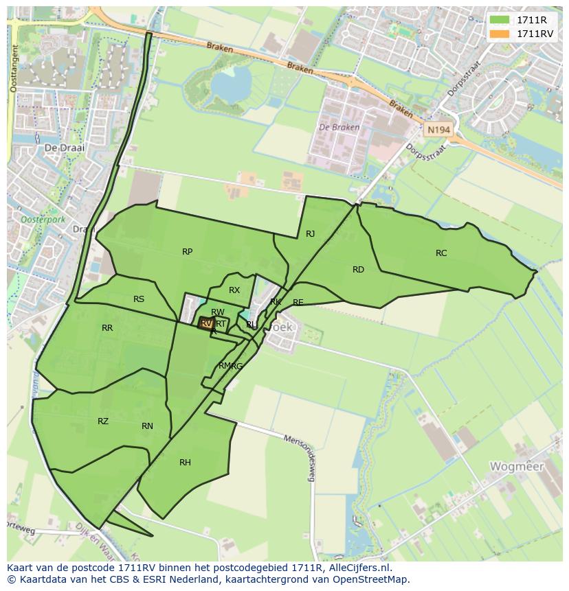 Afbeelding van het postcodegebied 1711 RV op de kaart.