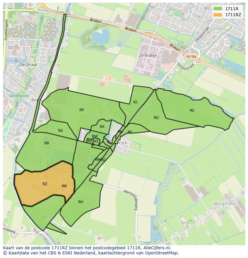 Afbeelding van het postcodegebied 1711 RZ op de kaart.
