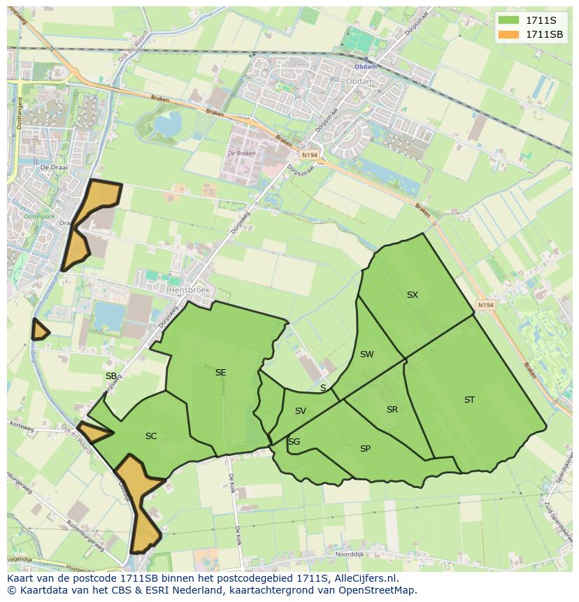 Afbeelding van het postcodegebied 1711 SB op de kaart.