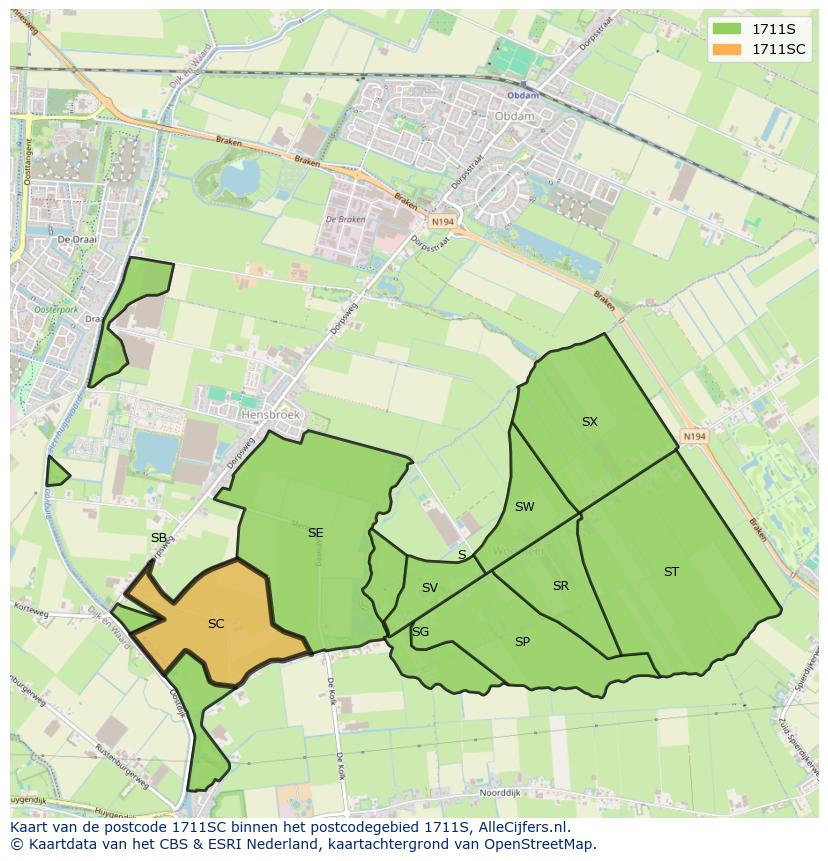 Afbeelding van het postcodegebied 1711 SC op de kaart.