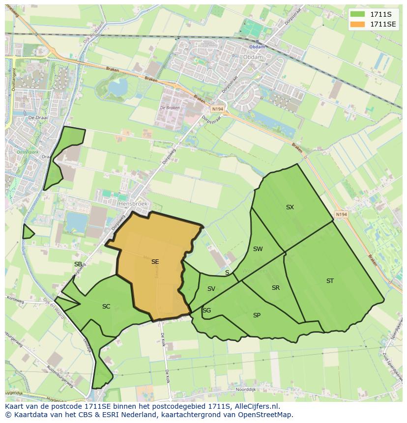 Afbeelding van het postcodegebied 1711 SE op de kaart.