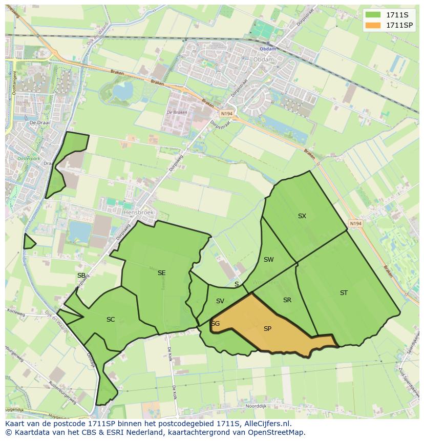 Afbeelding van het postcodegebied 1711 SP op de kaart.