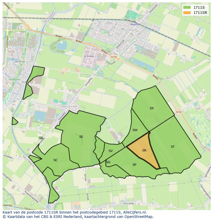 Afbeelding van het postcodegebied 1711 SR op de kaart.