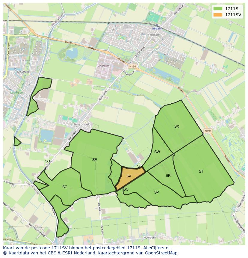 Afbeelding van het postcodegebied 1711 SV op de kaart.