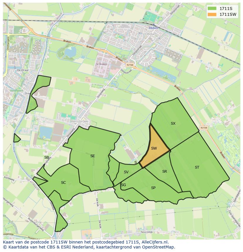 Afbeelding van het postcodegebied 1711 SW op de kaart.