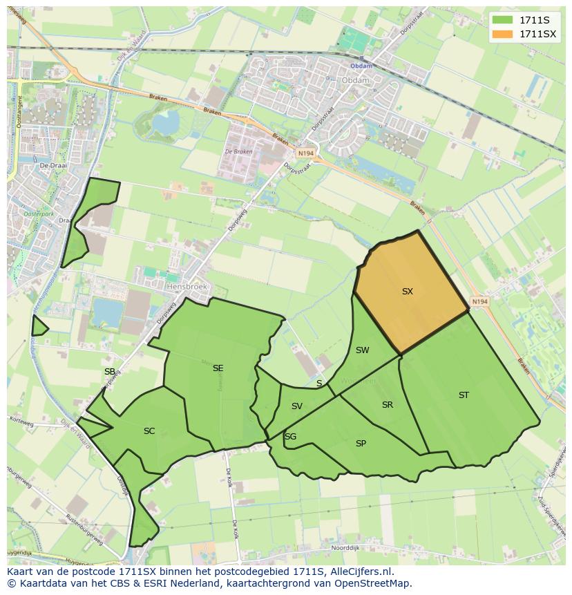 Afbeelding van het postcodegebied 1711 SX op de kaart.