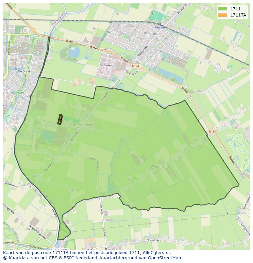 Afbeelding van het postcodegebied 1711 TA op de kaart.