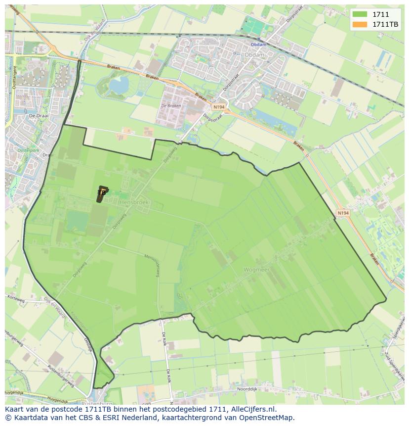Afbeelding van het postcodegebied 1711 TB op de kaart.