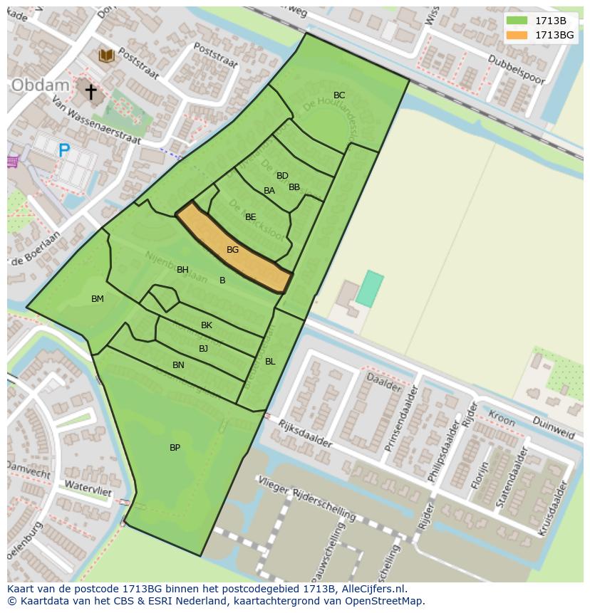 Afbeelding van het postcodegebied 1713 BG op de kaart.