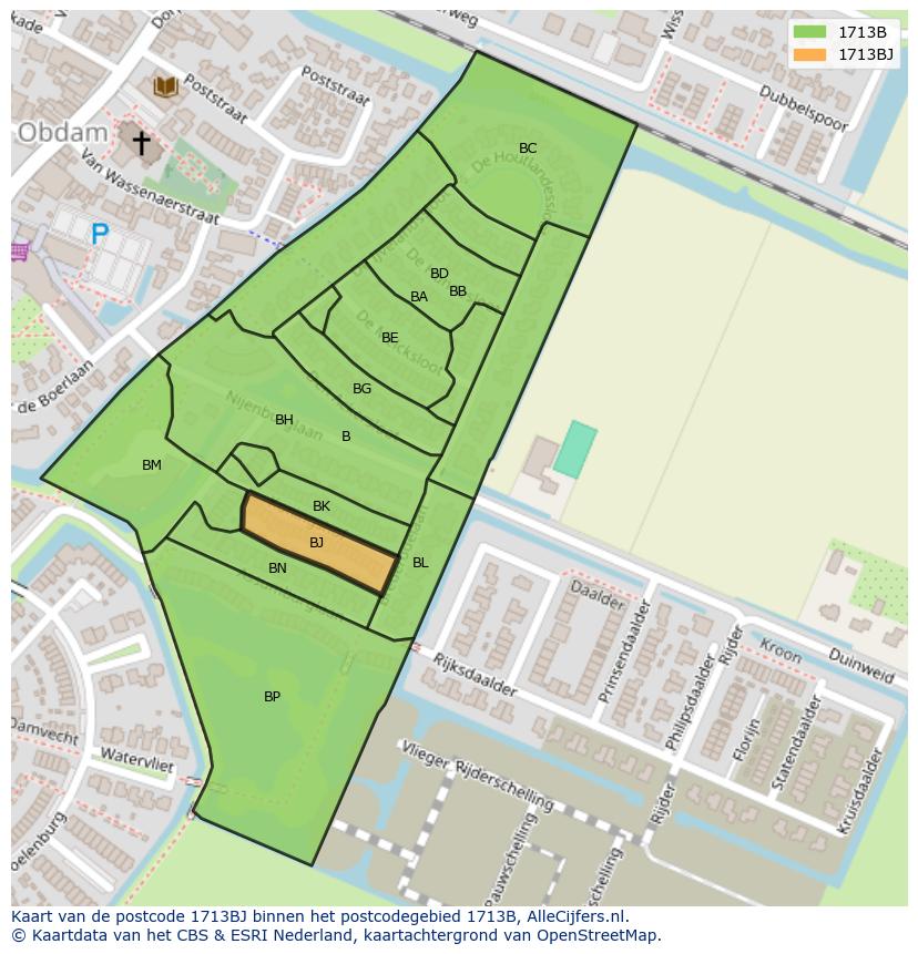 Afbeelding van het postcodegebied 1713 BJ op de kaart.