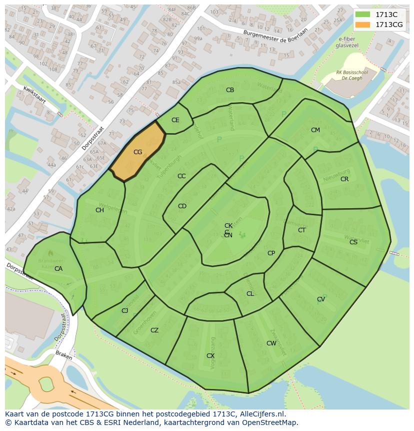 Afbeelding van het postcodegebied 1713 CG op de kaart.