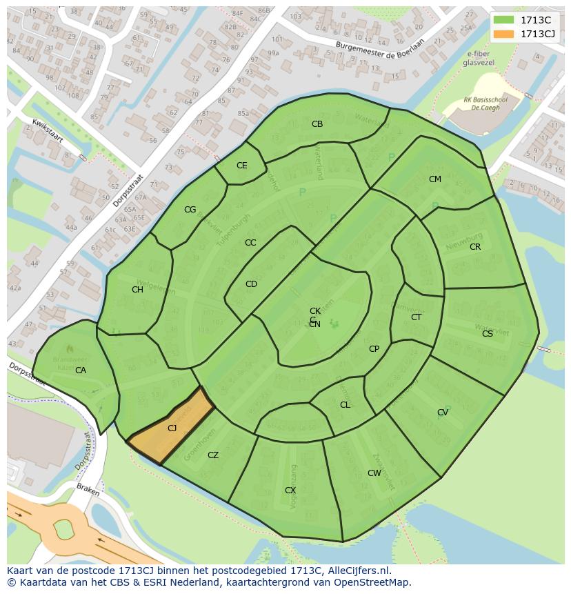 Afbeelding van het postcodegebied 1713 CJ op de kaart.