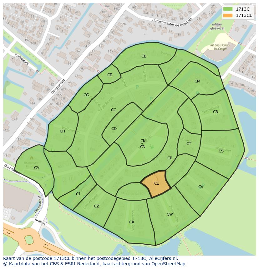 Afbeelding van het postcodegebied 1713 CL op de kaart.