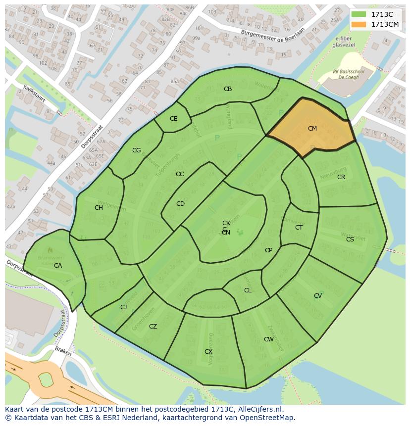 Afbeelding van het postcodegebied 1713 CM op de kaart.