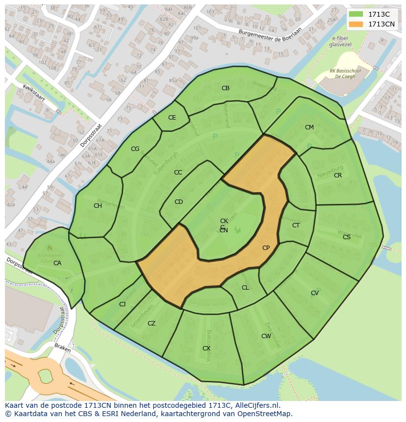 Afbeelding van het postcodegebied 1713 CN op de kaart.