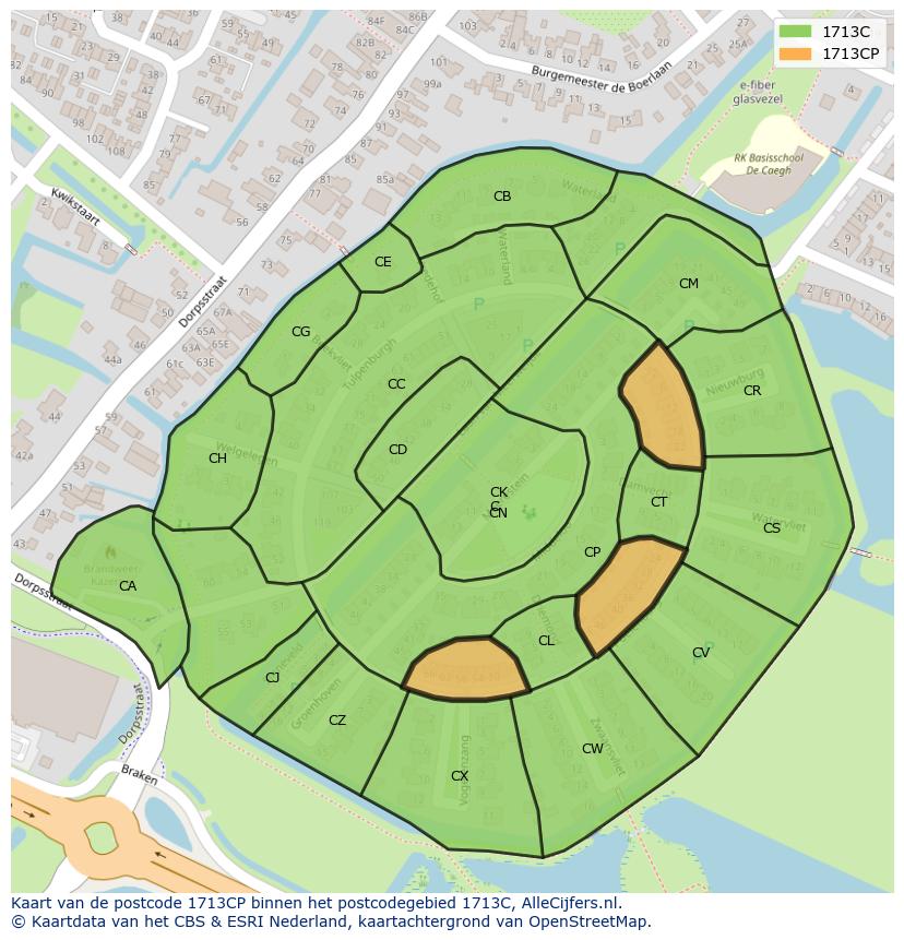 Afbeelding van het postcodegebied 1713 CP op de kaart.