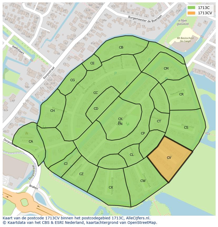 Afbeelding van het postcodegebied 1713 CV op de kaart.