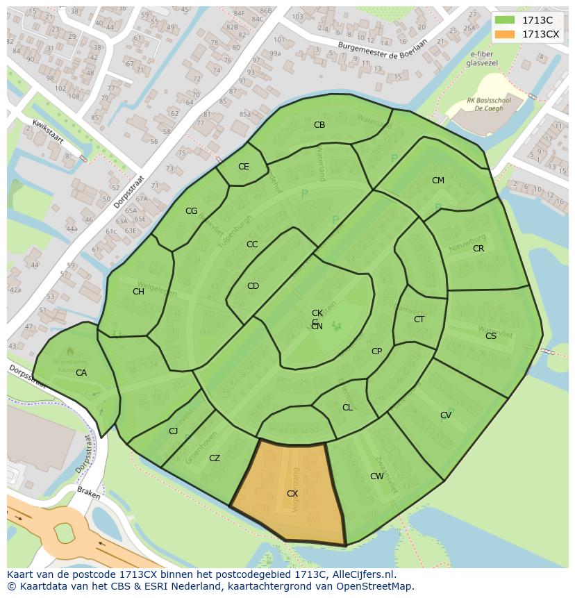 Afbeelding van het postcodegebied 1713 CX op de kaart.