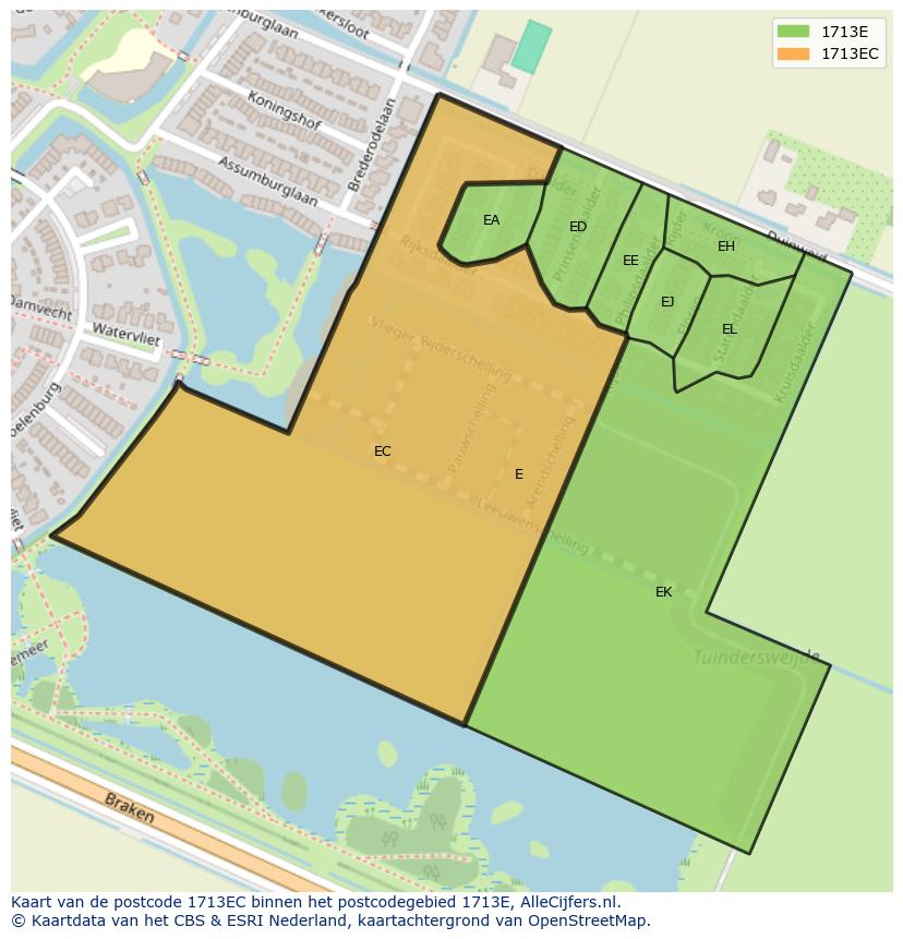 Afbeelding van het postcodegebied 1713 EC op de kaart.