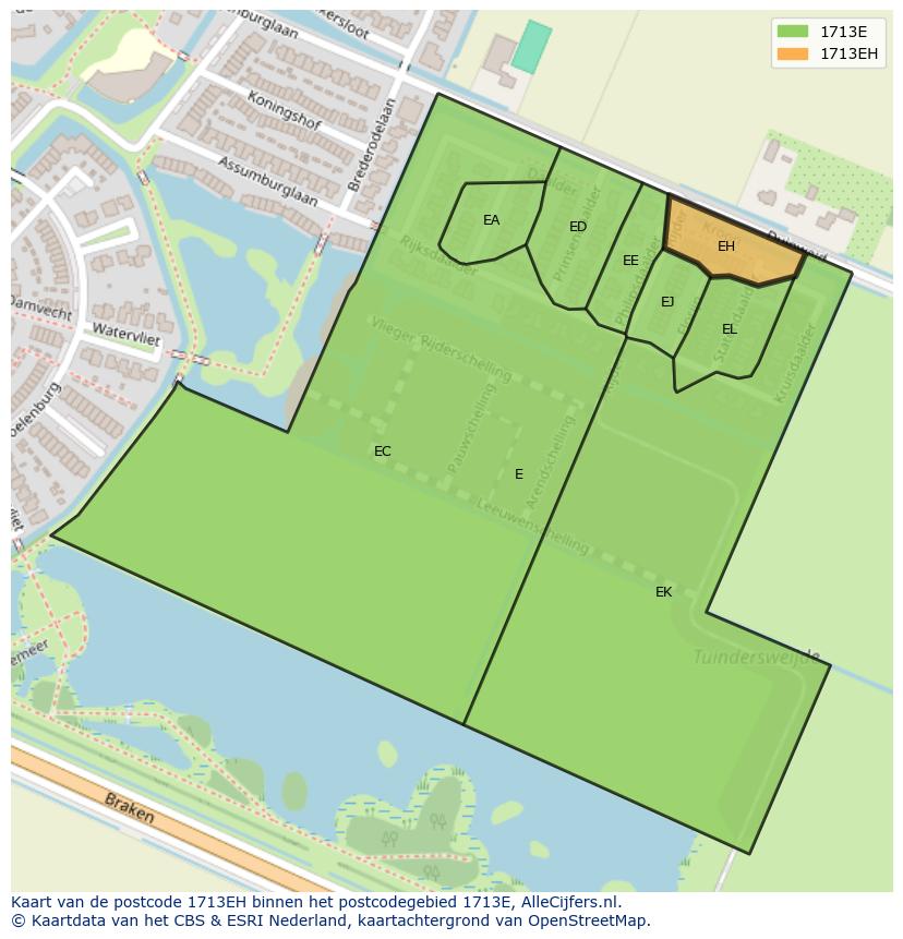 Afbeelding van het postcodegebied 1713 EH op de kaart.