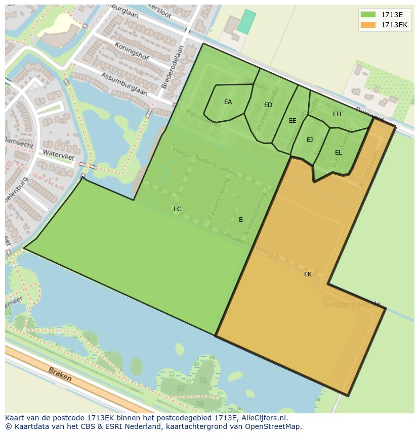 Afbeelding van het postcodegebied 1713 EK op de kaart.