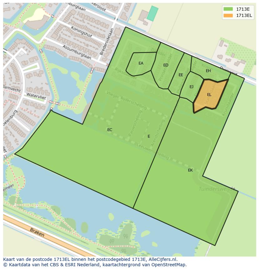 Afbeelding van het postcodegebied 1713 EL op de kaart.