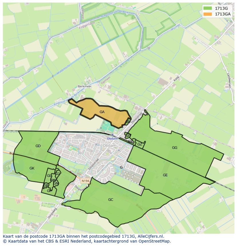 Afbeelding van het postcodegebied 1713 GA op de kaart.