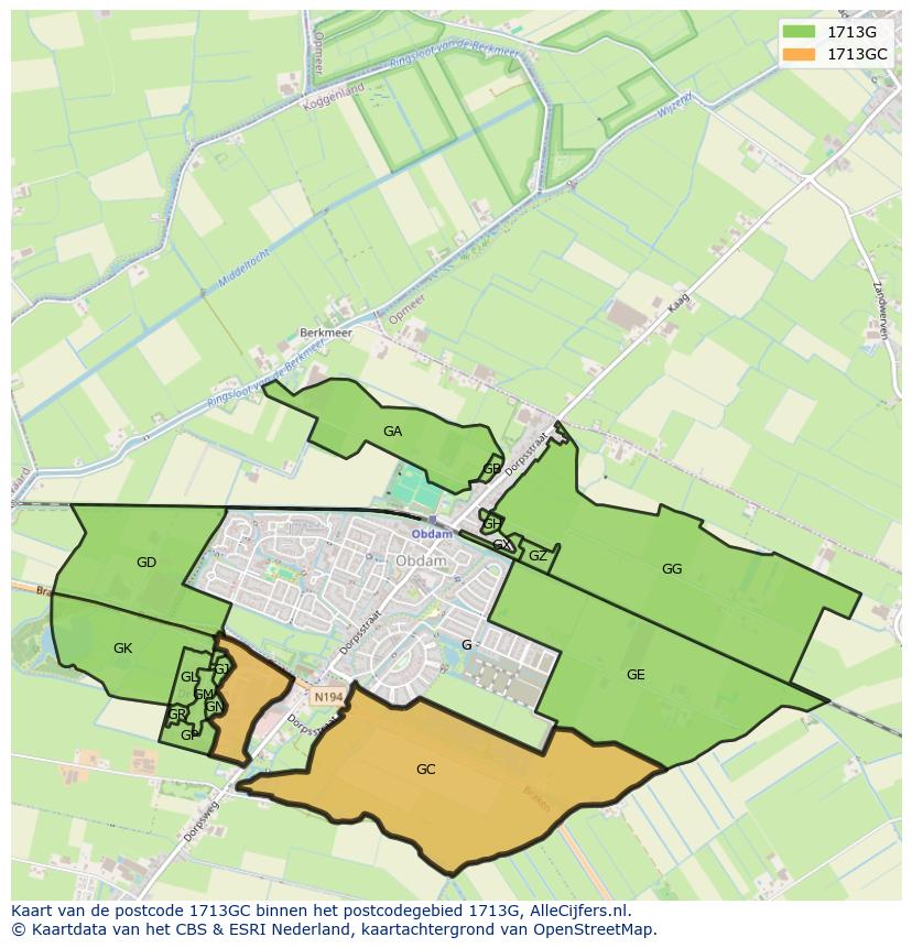 Afbeelding van het postcodegebied 1713 GC op de kaart.