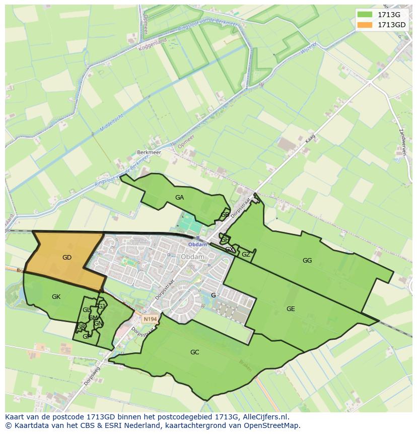 Afbeelding van het postcodegebied 1713 GD op de kaart.