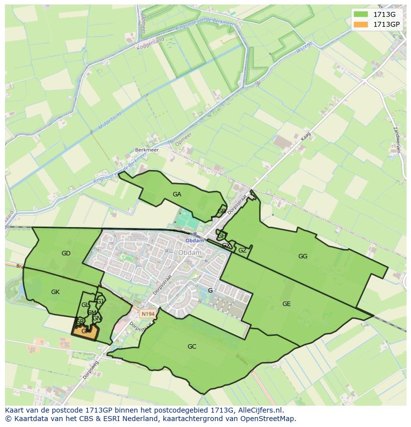 Afbeelding van het postcodegebied 1713 GP op de kaart.