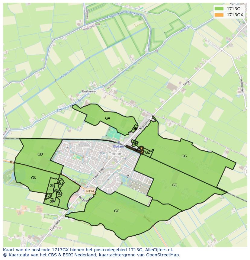 Afbeelding van het postcodegebied 1713 GX op de kaart.