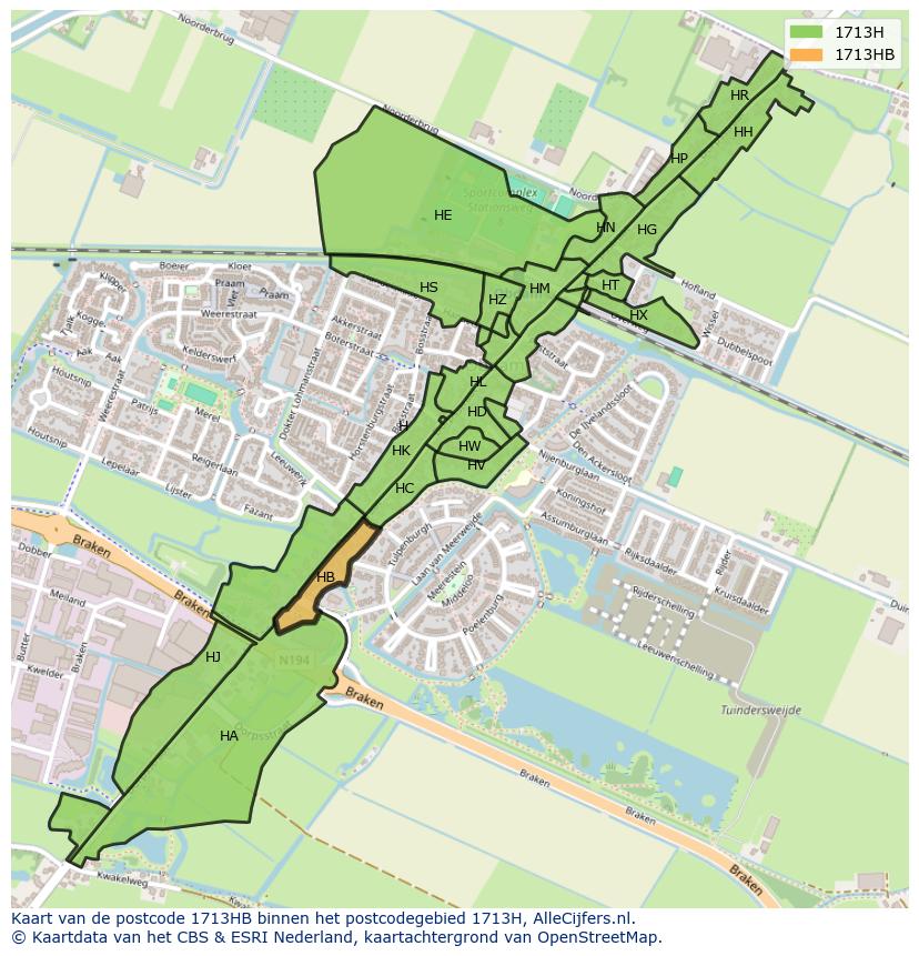 Afbeelding van het postcodegebied 1713 HB op de kaart.