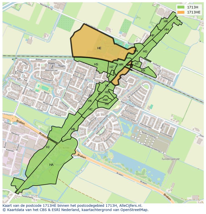 Afbeelding van het postcodegebied 1713 HE op de kaart.