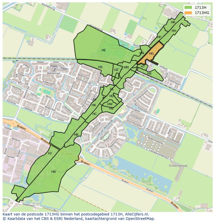 Afbeelding van het postcodegebied 1713 HG op de kaart.
