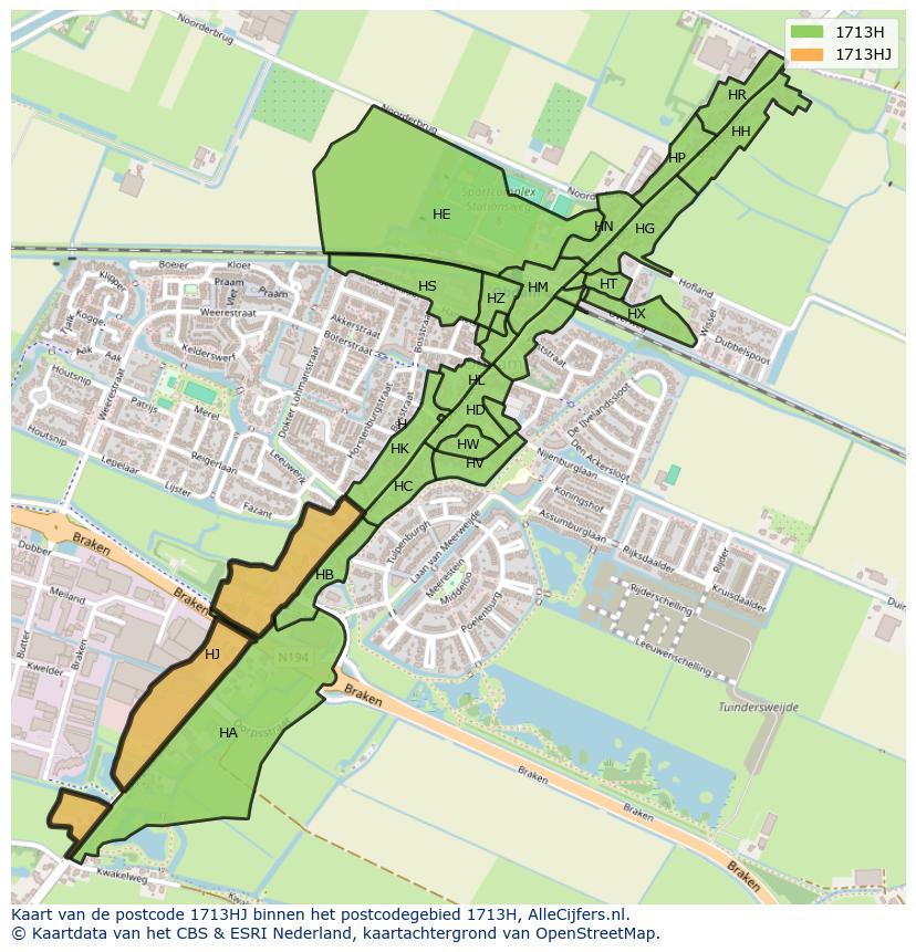 Afbeelding van het postcodegebied 1713 HJ op de kaart.