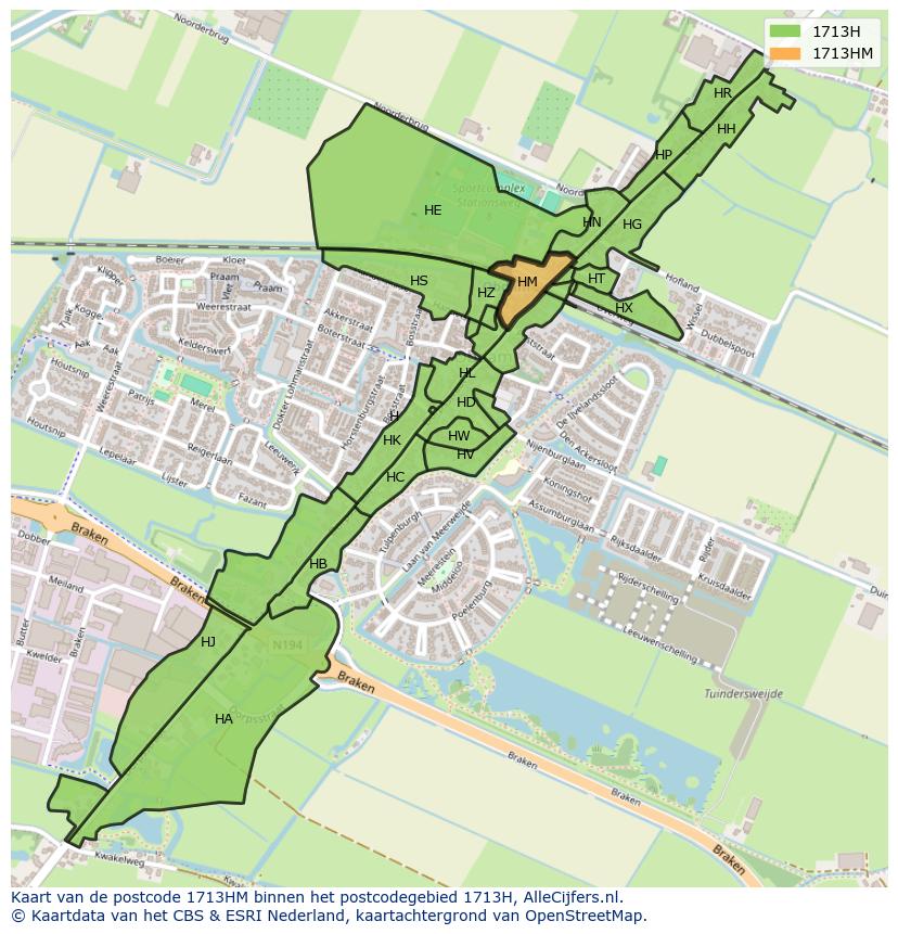Afbeelding van het postcodegebied 1713 HM op de kaart.