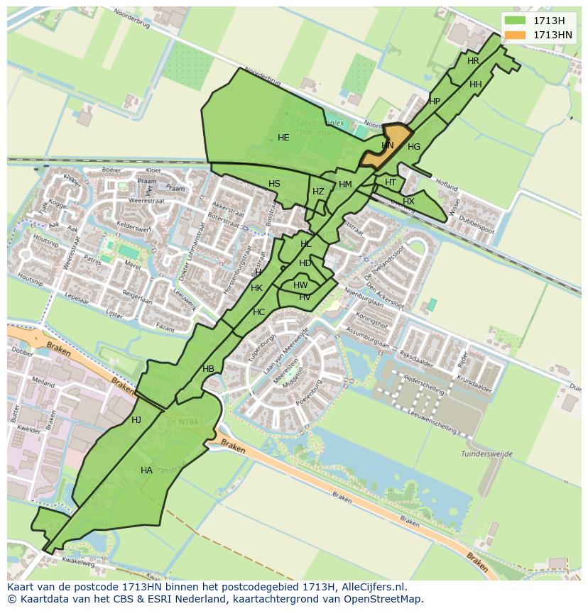 Afbeelding van het postcodegebied 1713 HN op de kaart.