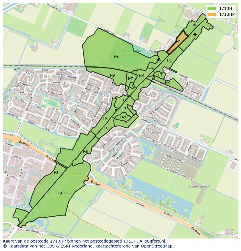 Afbeelding van het postcodegebied 1713 HP op de kaart.