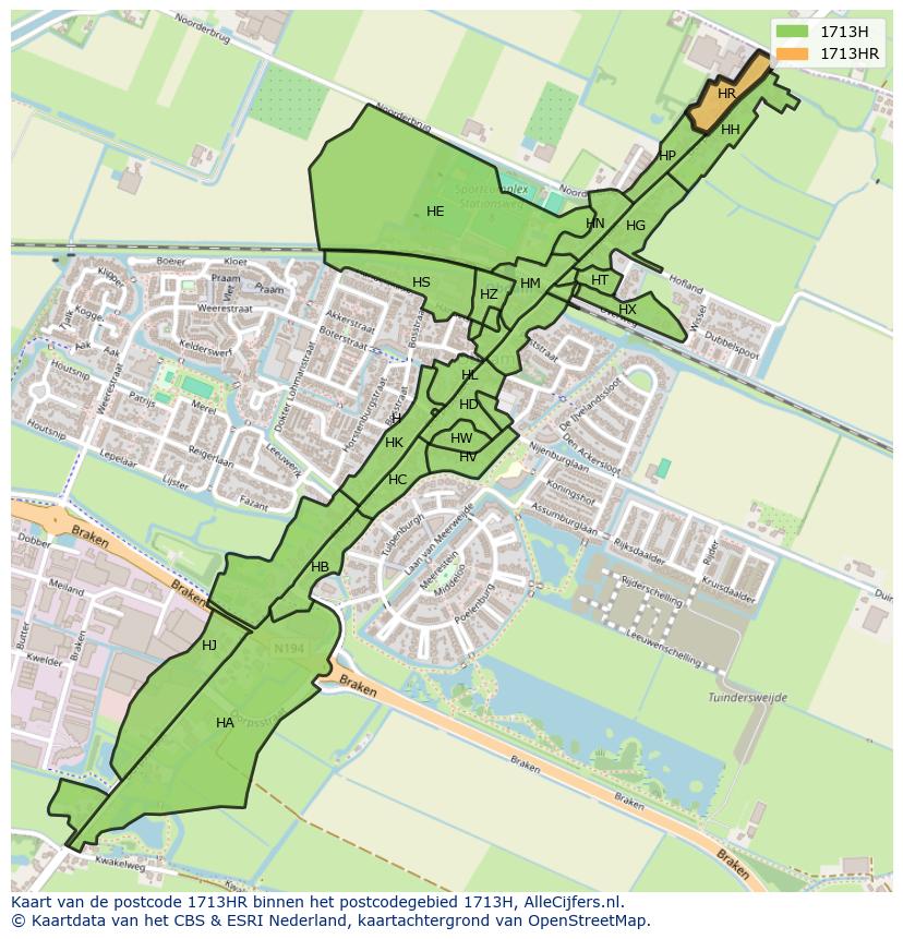 Afbeelding van het postcodegebied 1713 HR op de kaart.