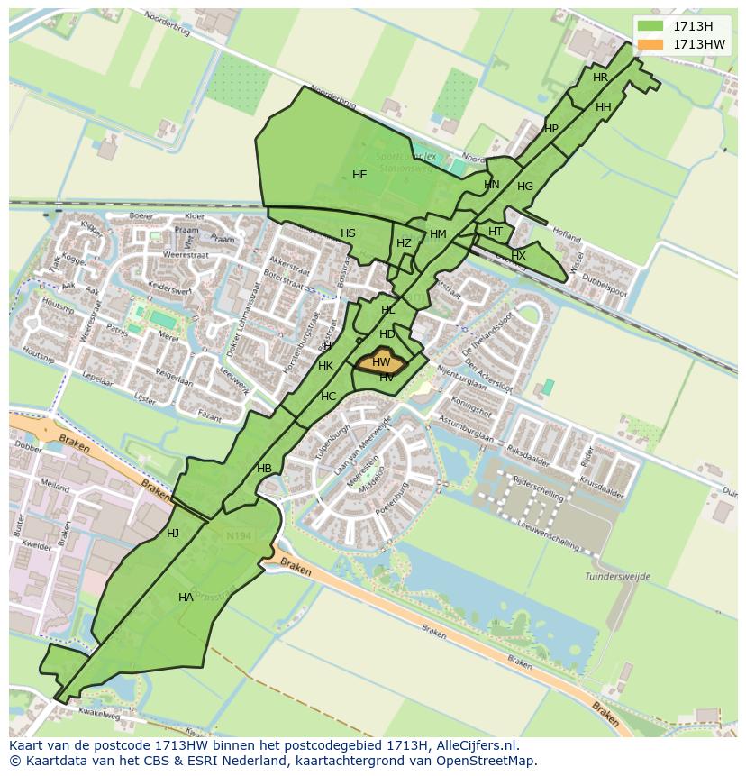 Afbeelding van het postcodegebied 1713 HW op de kaart.